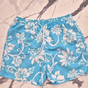 Old Navy 6" Hawaiian Swim Trunks, Aqua Blue & White Tropical Floral Medium